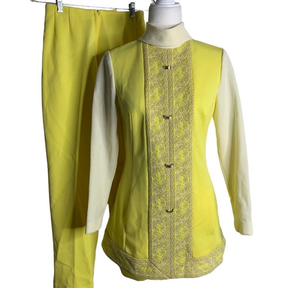 Domani Knits Pants - Vintage 60s 2 Piece Stretch Knit Pant Set S Yellow High Neck Pockets Zipper